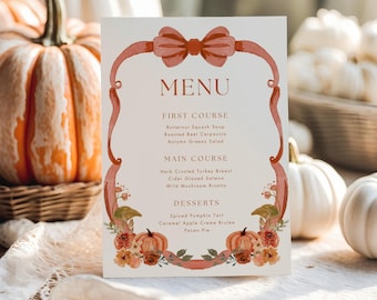 Rustic Pumpkin Wedding Menu Template: Autumn Thanksgiving Dinner (Editable Canva, Printable PDF