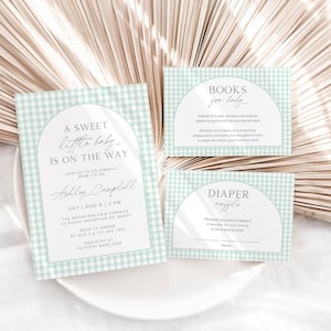 Ensemble neutre d'invitations pour baby shower, vert Carte de demande de livre d'invitation pour nouveau-né Ensemble d'invitations à une fête personnalisées à télécharger Remerciement pour couches