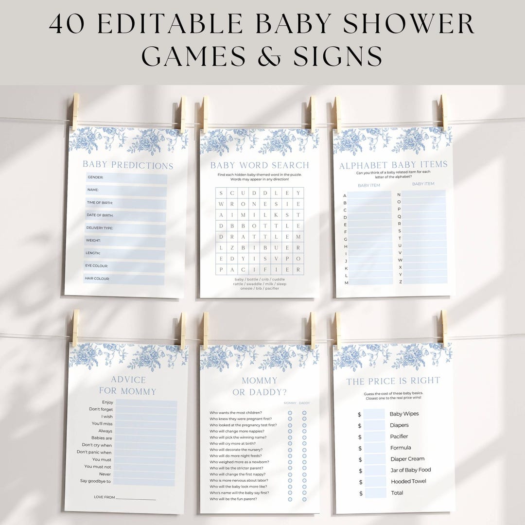 Blue Floral Baby Shower Games Bundle: Printable Party Activities ...