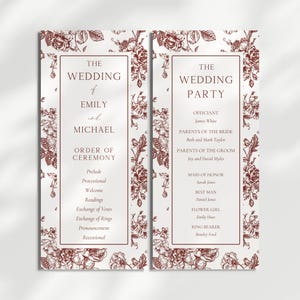 Blomsterbröllopsprogram Ceremoniguide Botanisk design Bröllopsmall Text Redigerbar Canva Ladda ner Vinröda blommor Ceremoniprogramdetaljer