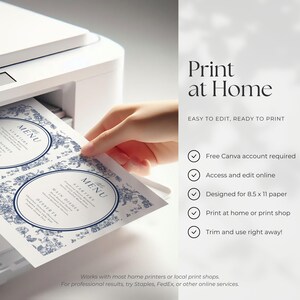 May include: A white printer is shown printing two menu cards with a blue floral design. The menu cards have text that reads "MENU" and list "STARTERS", "MAIN DISHES", and "DESSERTS". The text "Print at Home" is also visible.