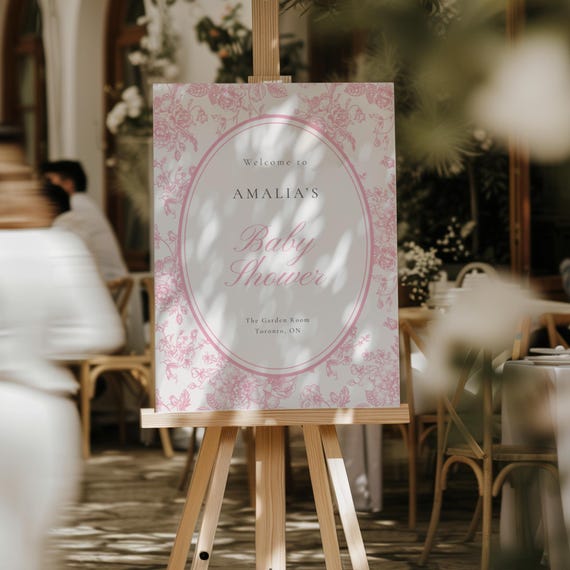 Floral Toile Baby Shower Welcome Sign Template Pink Baby Shower Sign Editable Canva French Toile Welcome Poster Girl Baby Shower Decor