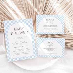 Faire-part de baby shower bleu motif damier inviter nouveau-né carte de demande de livre Invitation fête personnalisée lot à télécharger Remerciement couche-culotte