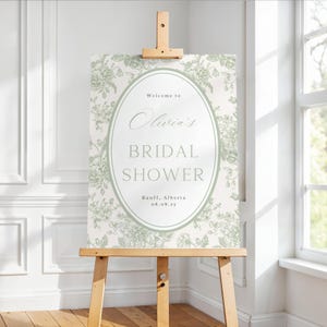 Plantilla de letrero de bienvenida chinoiserie verde salvia Letrero de bienvenida de Toile de Jouy para despedida de soltera Letrero de bienvenida de boda floral verde Letrero para baby shower