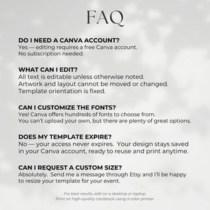 May include: A digital FAQ template with the word "FAQ" at the top. The text answers questions about using a Canva account, editing, customizing fonts, template expiration, and custom sizing. The text is in a serif font.