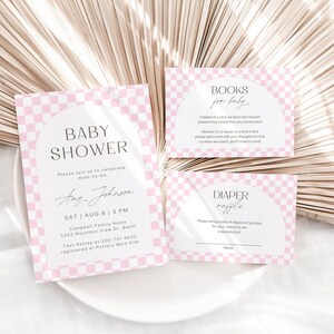 Faire-part pour baby shower rose motif damier inviter nouveau-né carte de demande de livre Invitation fête personnalisée lot à télécharger Remerciement couche-culotte