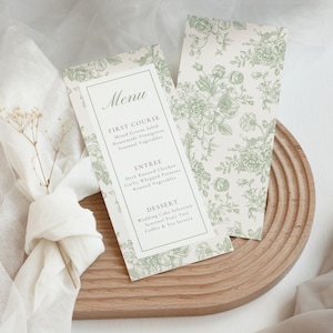 Modello di menù per matrimonio in stile Toile color verde salvia, menù floreale modificabile, decorazioni per la tavola in stile francese per addio al nubilato.