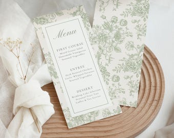 Sage Green Toile Wedding Menu Template Editable Floral Menu Card Bridal Shower French Country Table Decor