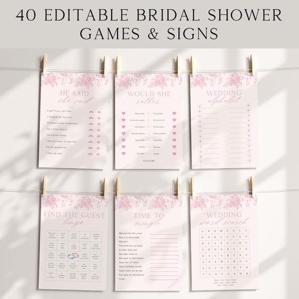Pink Floral Bridal Shower Game Bundle: Editable Template (Digital Download)