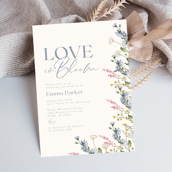 Love In Bloom Bridal Shower Invitation, Dusty Blue Floral Bridal Shower Invite, Wildflower Bridal Shower Invite, Downloadable Floral Invite