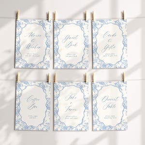 Wedding Sign Bundle Template Editable Reception Table Cards Printable Canva Set Blue Toile Decor French Floral Stationery 0100