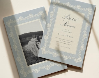Lace Bridal Shower Invitation Editable Canva Template Dusty Blue Vintage Lace Invite Something Blue Wedding Shower