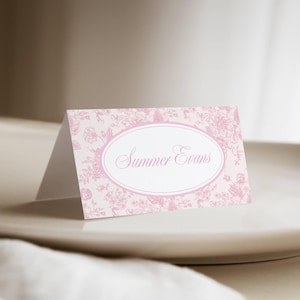 Tarjetas de lugar plegables personalizadas para baby shower, decoración para bodas, decoración de mesa floral personalizable e imprimible en rosa claro, papelería para eventos