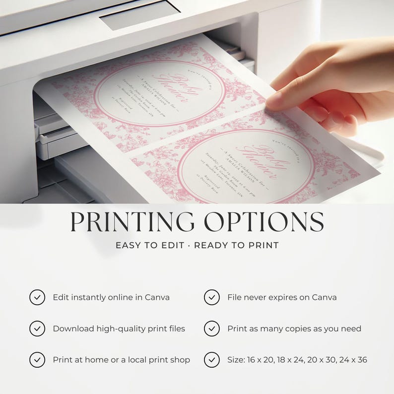 May include: A white printer is shown printing two baby shower invitations. The invitations have a pink floral design and the words "Baby Shower" in a circular frame. The text "PRINTING OPTIONS" and other details are also visible.