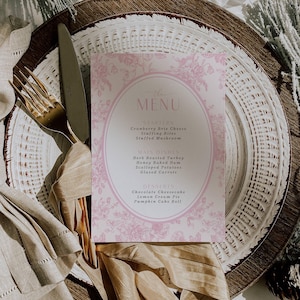 Karta menu na baby shower w stylu francuskim, wiejskim, toile, wzór, elegancki, dekoracja stołu, do wydrukowania, menu na wydarzenie, przyjęcie weselne, dekoracja DIY, panna młoda