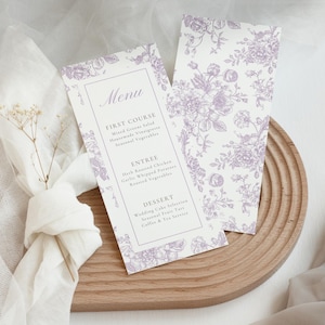 Lavendel Toile Menü Vorlage Hochzeit Druckbare Frühling Brautdusche Tee Party Bearbeitbar Blumen Menükarte Garten Thema