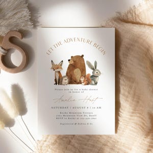 Invitation bébé des bois Design nouveau-né Art animalier, paquet renard, thème ours, décoration de chambre d'enfant, carte de célébration, modèle numérique, rassemblement de bébé