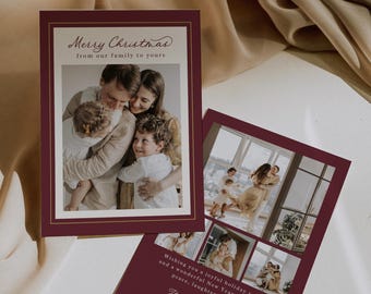Burgundy Christmas Card Gold Holiday Photo Card Elegant Family Christmas Template Modern Holiday Card Editable Canva Card