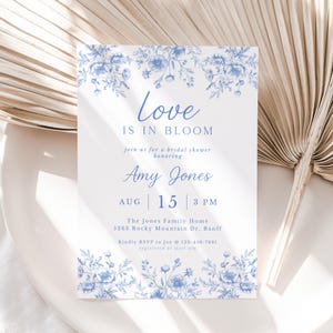 Modèle d'invitation de douche nuptiale Love In Bloom toile bleue, Français, invitation de mariage champêtre, conception de mariée, téléchargement numérique, carte de douche de mariage