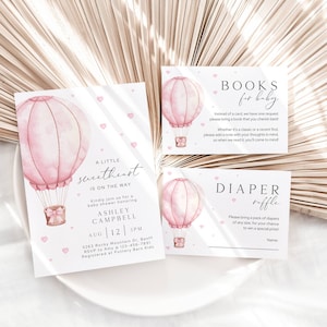 Ensemble d'invitations pour baby shower fille rose avec noeud rose, carte de demande de livre d'invitation pour nouveau-né, lot d'invitations à une fête personnalisées à télécharger, remerciement