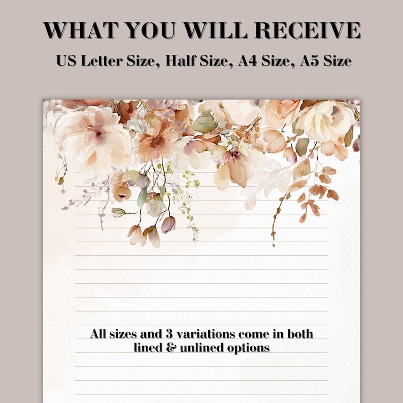 Printable Stationary Bundle, Printable Letter Writing Paper, Neutral Floral Stationary, Printable Letter Writing Paper, Letter Writing Set image 3