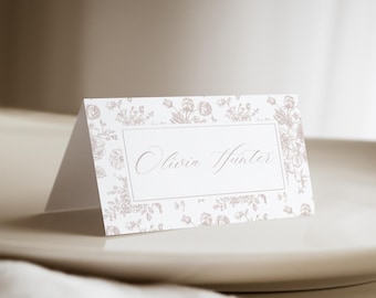 Beige Floral Toile Place Card Template: Editable Wedding Seating (Digital Download)