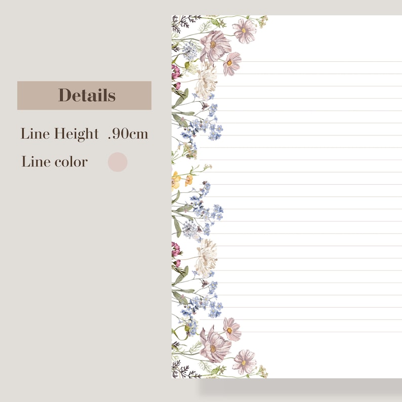 Wildflower Printable Stationery Letter Writing Paper Set Floral Lined Unlined Stationery Letter ...