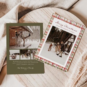 Puede incluir: Dos tarjetas de Navidad con fotos familiares. Una tarjeta tiene un fondo verde con fotos familiares y texto. La otra tarjeta tiene un borde a cuadros y el texto "Merry Christmas from our family to yours."