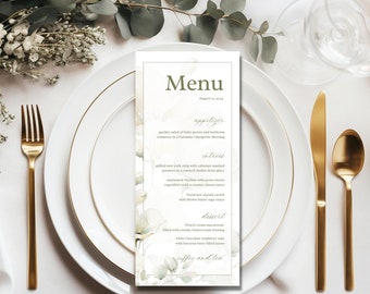 Sage Green Botanical Wedding Menu Card Template, White Floral Menu Card Printable, Editable Table Menu Template, Instant Reception Menu Card