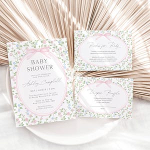 Ensemble d'invitations pour baby shower fille florale rose pour nouveau-né faire-part carte de demande de livre Invitation fête personnalisée lot à télécharger Remerciement couche-culotte