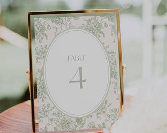 Sage Green Floral Table Number Sign: Elegant Toile Design (Digital Download)