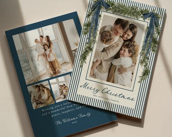 Könnte beinhalten: Zwei Weihnachtskarten mit Familienfotos. Eine Karte hat einen marineblauen Rand mit Familienfotos und Text. Die andere Karte hat einen gestreiften Hintergrund, ein Familienfoto und den Text "Merry Christmas".