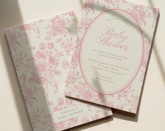 Baby Shower Invitation Pink Floral Toile Editable Canva Template Vintage Heirloom Printable