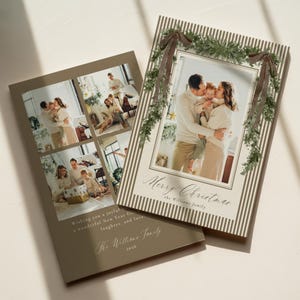 Neutral stripe Christmas card template with elegant greenery accents and family photos, perfect for a timeless holiday greeting or personalized seasonal card
