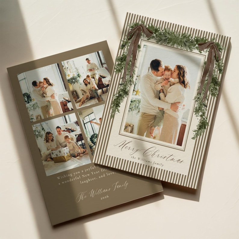 Neutral stripe Christmas card template with elegant greenery accents and family photos, perfect for a timeless holiday greeting or personalized seasonal card