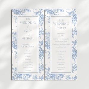 Tarjeta de ceremonia de boda con flores azules, itinerario de boda imprimible, orden de eventos, folleto de boda DIY, plantilla elegante con detalles de boda, descarga