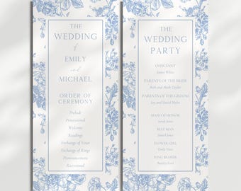 Puede incluir: Programa de boda de dos páginas con un diseño floral azul claro sobre un fondo blanco. La página izquierda dice "The Wedding of Emily and Michael" y enumera el orden de la ceremonia. La página derecha enumera la fiesta de bodas.