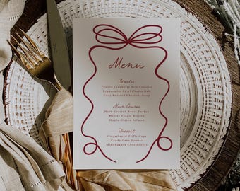 Holiday Dinner Menu Template Christmas Menu Card Editable Canva Printable Festive Bow Menu Christmas Party Dinner Menu Instant Download