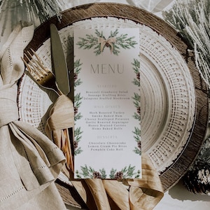 Szablon menu świątecznego Menu na przyjęcie świąteczne do wydrukowania Projekt szyszki sosnowej Zimowe menu na stół weselny Prezent dla gospodarza kolacji wigilijnej Canva