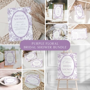 Juego de letrero de bienvenida para despedida de soltera en color morado, tarjetas de menú, plantilla de agradecimiento, números de mesa, tarjeta de recetas, decoración de fiesta, diseño floral, descarga digital