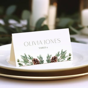 Winter bruiloft plaatskaartsjabloon DIY afdrukbare kerst bruiloft plaatskaart dennenappel ontwerp vakantie receptie decor digitale download