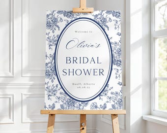 Navy Bridal Shower Welcome Sign Template Printable Floral Toile Wedding Signage Editable Blue Event Decor Classic Vintage Instant Download