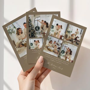Neutral family Christmas card template featuring classic stripes, festive greenery, and a multi photo layout, perfect for sharing favorite memories from the holiday season