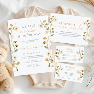 Ensemble d'invitations pour baby shower Design floral jaune Carte de demande de livre d'invitation pour nouveau-né Ensemble d'invitations à une fête personnalisée à télécharger Remerciement
