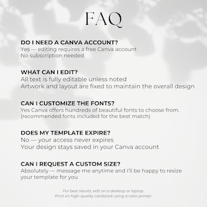May include: A white and grey FAQ template with questions and answers about using a Canva template. The text includes information on editing, fonts, and template expiration. The bottom of the template suggests editing on a desktop or laptop.
