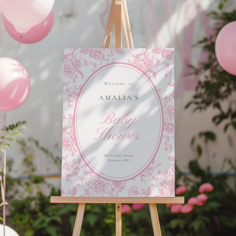 French country inspired baby shower welcome sign template with soft pink toile background and elegant typography perfect for romantic garden brunch celebrations