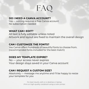 Pode incluir: Um documento de FAQ com texto preto em fundo branco. Aborda os requisitos da conta Canva, capacidades de edi&ccedil;&atilde;o, personaliza&ccedil;&atilde;o de fontes, expira&ccedil;&atilde;o de modelos e pedidos de tamanhos personalizados, terminando com instru&ccedil;&otilde;es de impress&atilde;o.
