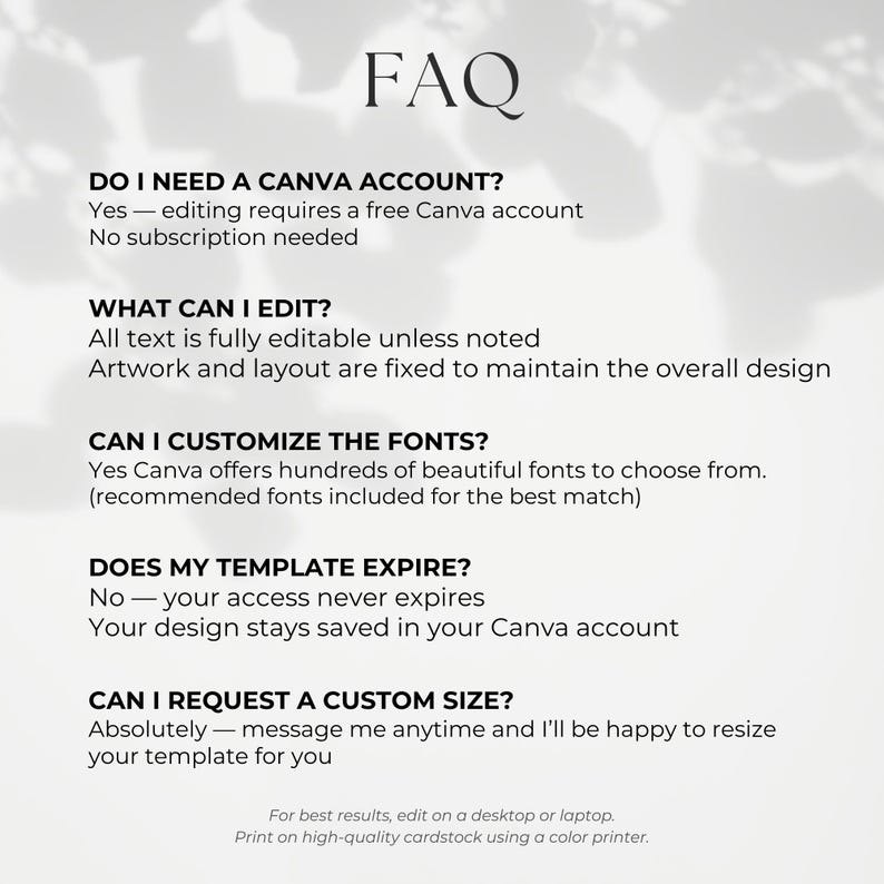 Pode incluir: Um documento de FAQ com texto preto em fundo branco. Aborda os requisitos da conta Canva, capacidades de edi&ccedil;&atilde;o, personaliza&ccedil;&atilde;o de fontes, expira&ccedil;&atilde;o de modelos e pedidos de tamanhos personalizados, terminando com instru&ccedil;&otilde;es de impress&atilde;o.