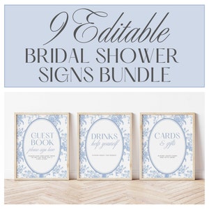 Blue Floral Bridal Shower Sign Bundle: Editable Toile Decor (Digital Download)