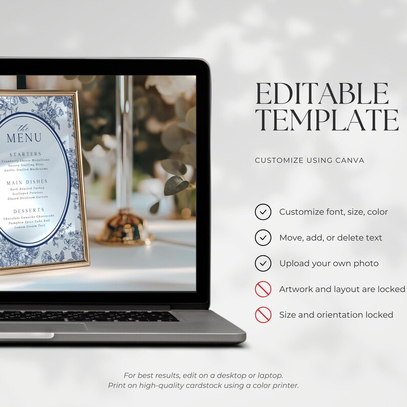 May include: A laptop displays an editable template with the text "EDITABLE TEMPLATE". The screen shows a menu with floral design. Features include font customization, photo uploads, and text editing. The menu is in a gold frame.